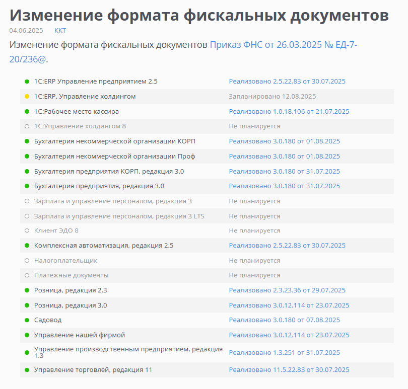 Обновление 1С, изменение формата фискальных документов